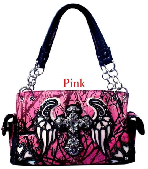 Wholesale Pink Camo Cross with wings handbag