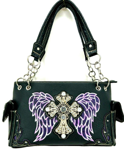 Wholesale Rhinestone  PURSE Cross with Wing Black Purple