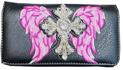 RHINESTONE Western Style Wallet PURSE Cross with Wing Black Pink