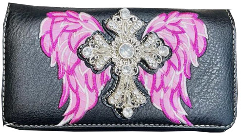 Rhinestone Western Style WALLET Purse Cross with Wing Black Pink