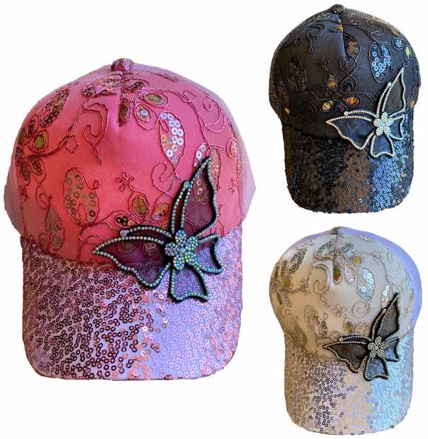 Wholesale Sequins and Rhinestone Baseball CAP/Hat Butterfly Mesh