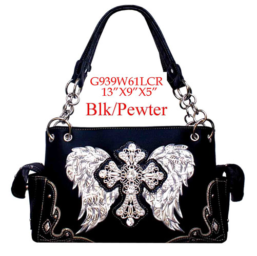 Wholesale RHINESTONE  PURSE Cross with Wing Black Pewter