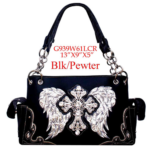 Wholesale Rhinestone  PURSE Cross with Wing Black Pewter