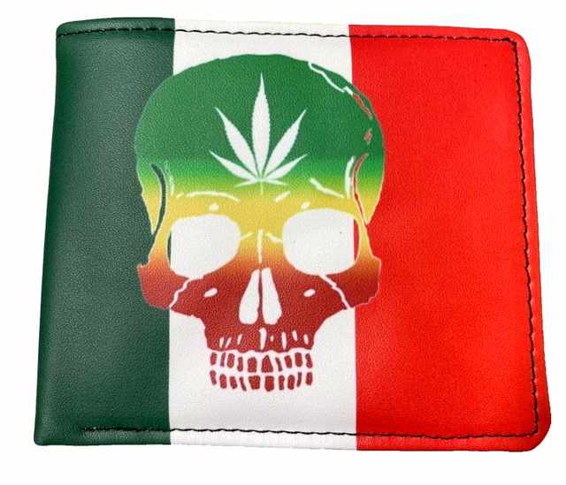 Man Bi-Fold Faux LEATHER Wallet Marijuana Skull