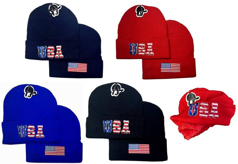 Wholesale USA FLAG Plush Lining Winter Beanie Hat