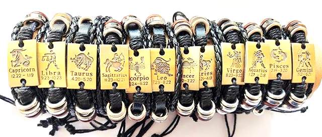 Wholesale Faux Leather Bracelet GOLD Color Zodiac