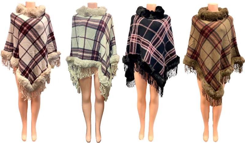 Wholesale Classic Plaid Knitted Winter PONCHO w/ Faux Fur Collar