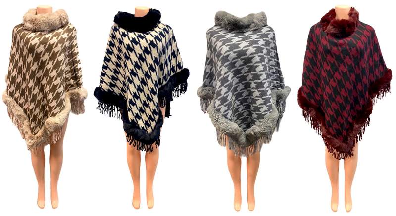 Winter Houndstooth Graphic PONCHO with faux fur collar assorted