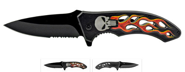 Wholesale Folding KNIFE - Punisher Motorcycle Skull Flame