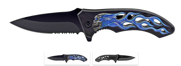 Wholesale Folding Knife - Blue Cold Motorcycle SKULL Flame