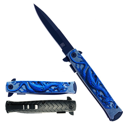 Wholesale Spring Assisted Knife W/Abstract Blue DRAGON Handle