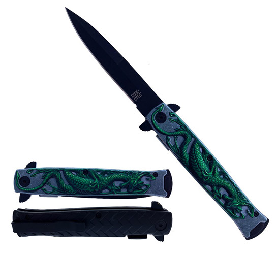 Wholesale Spring Assisted Knife W/Abstract Green DRAGON Handle