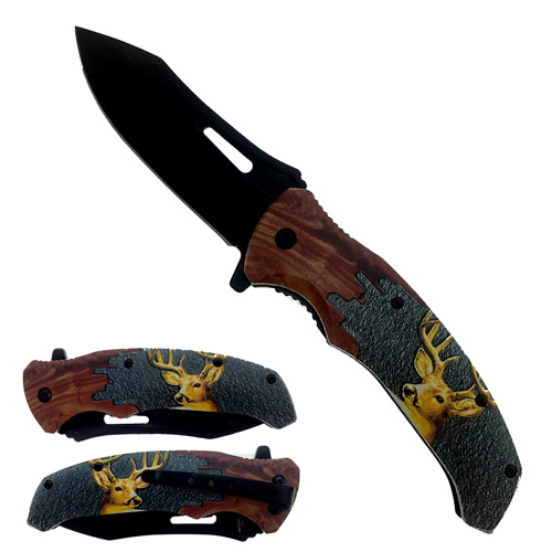 Wholesale BlaCk Blade PlastiC WOOD Handle Deer Design