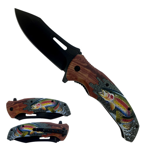 Wholesale BlaCk Blade PlastiC WOOD Handle Salmon Design