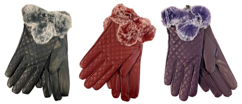 Wholesale Faux LEATHER Lady Winter Fur GLOVES Solid Color