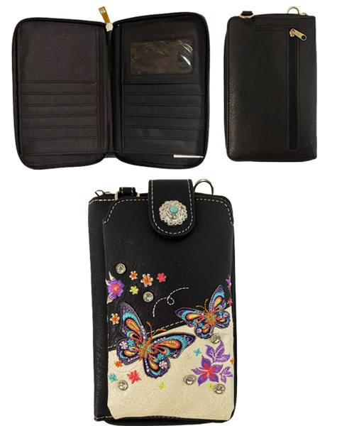 Wholesale Western Phone Wallet Small Butterflies Flowers Black