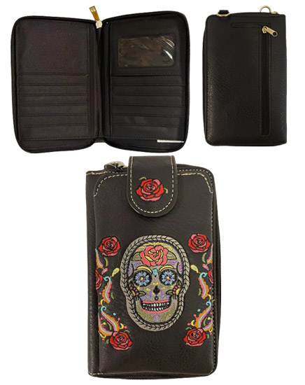 Wholesale Sugar Skull with Flowers Phone WALLET  Black