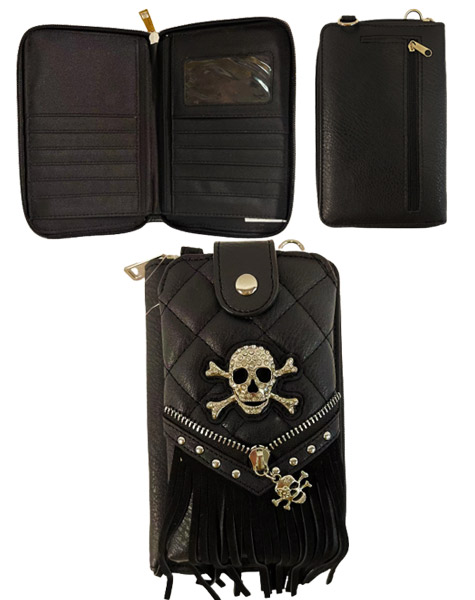 Wholesale Rhinestone Metal Head SKULL Phone Wallet  Black