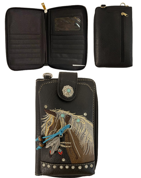 Wholesale Rhinestone Phone Wallet  with HORSE Embroidery Black