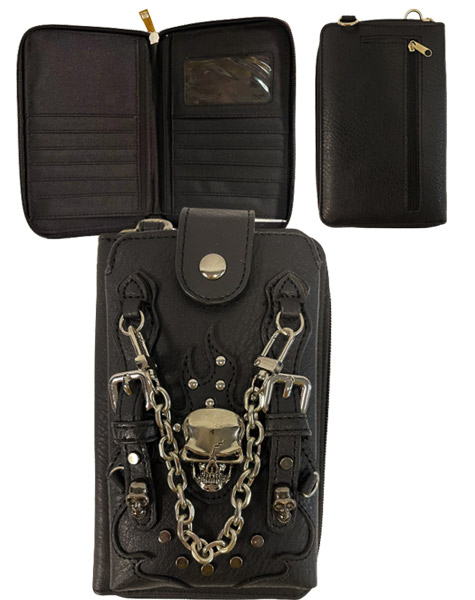 Wholesale  Long Strap Skull with CHAINs Black Phone WALLET