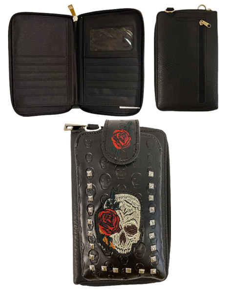 Wholesale Embroidered SKULL with Rose Studded Phone Wallet