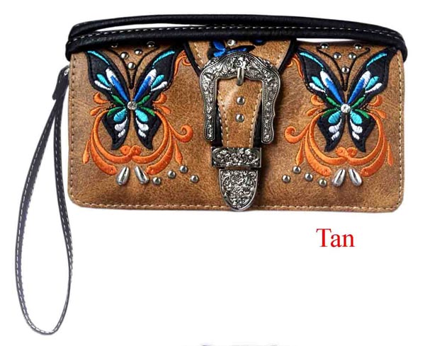 Wholesale Rhinestone Buckle Butterfly Design WALLET Purse Tan