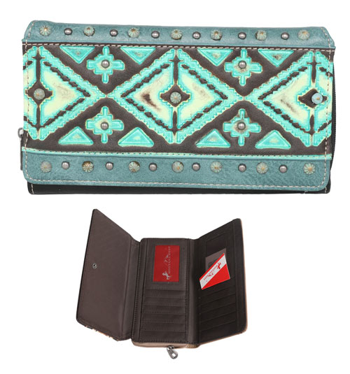 Montana West Aztec Tooled Collection WALLET Turquoise Front