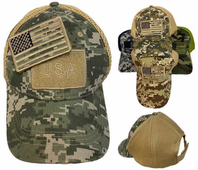 Wholesale Mesh CAMO Hat with Detachable Flag Patch [USA]