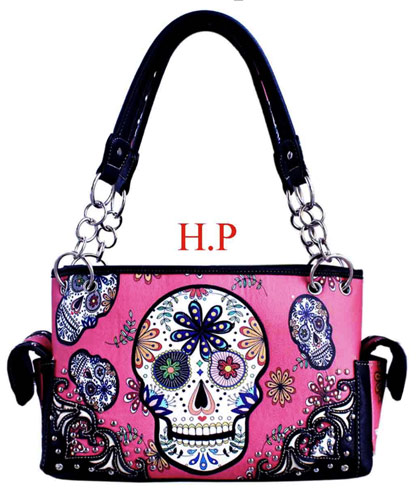 Wholesale Hot Pink Sugar Skull Satchel PURSE with gun pocket