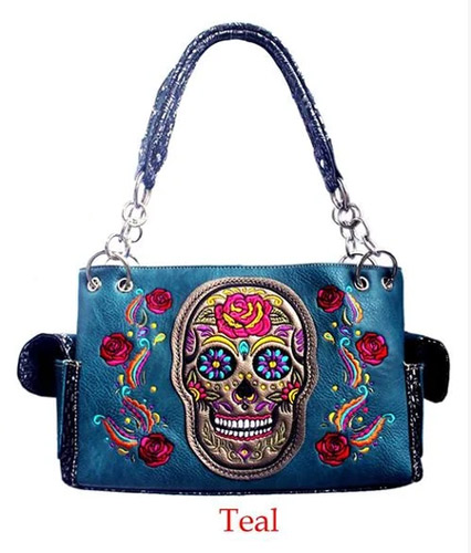 Wholesale Embroidery Sugar Skull Teal Handbag