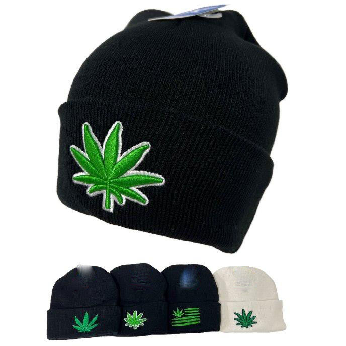 Wholesale Knitted Cuffed BEANIE Assorted Marijuana Embroidery