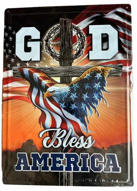 God Bless America Eagle with Cross Tin SIGNs