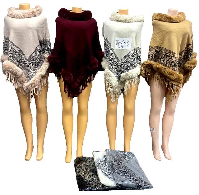 Wholesale Knitted PONCHO Paisley Pattern with Faux Fur Collar Ast