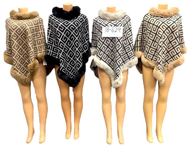 Wholesale Knitted PONCHO Aztec Pattern with Faux Fur Ast