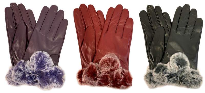 Faux LEATHER Lady Winter Fur GLOVES Solid Color