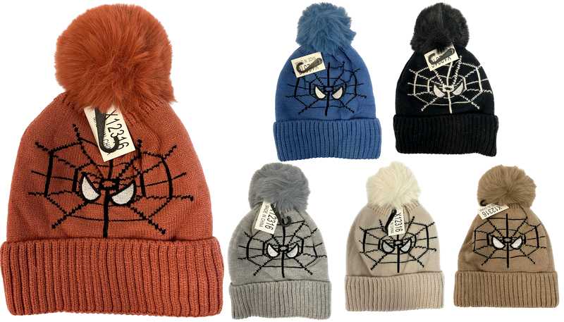 Wholesale Kids Spider $ Web Winter Pompom HAT