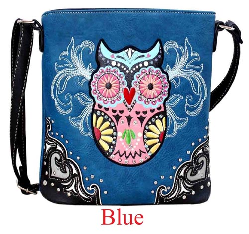 Wholesale Western Cross Body Sling PURSE with Colorful Owl Blue