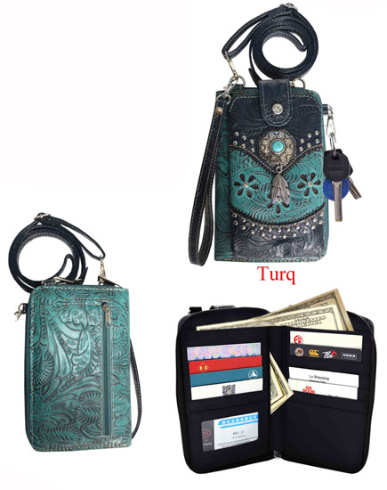 Wholesale Phone Wallet Western Studded FLOWER Design Turquoise