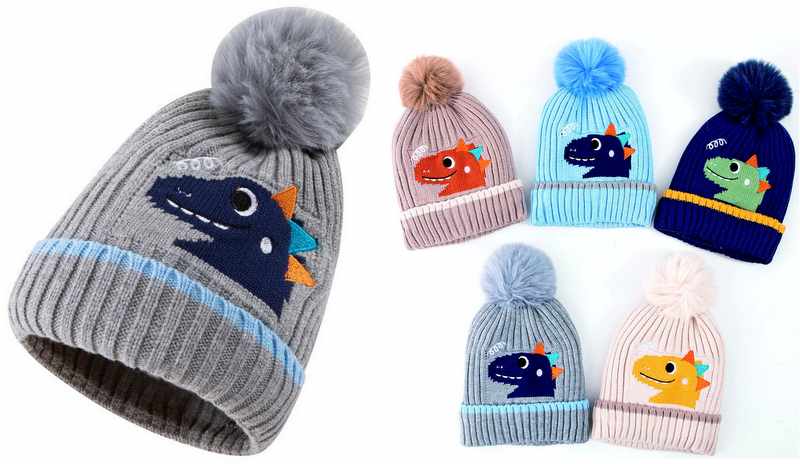 Wholesale Kids Knitted Dinosaur Winter Pompom HAT