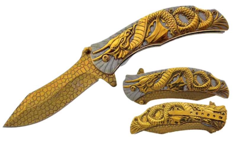 Spring Assisted Pocket Knife w/ Belt Clip w GOLD Dragon Design