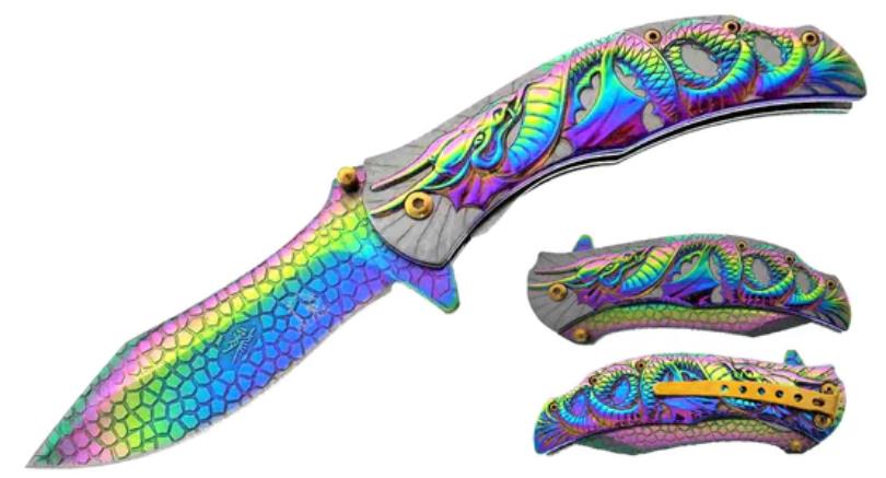 Spring Assisted Pocket Knife BELT Clip Rainbow Dragon Design