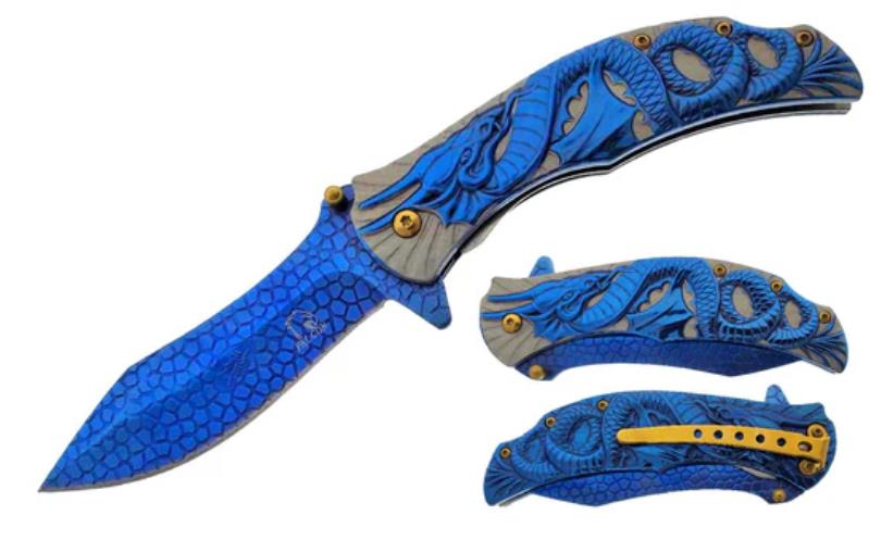 Spring Assisted Pocket Knife w/ BELT Clip w Blue Dragon Design