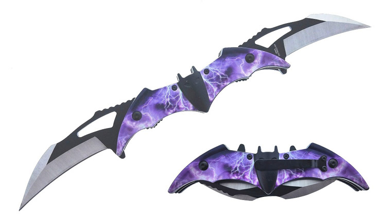 5.75'' Dual Blade Bat Pocket Knife - Purple Lightening