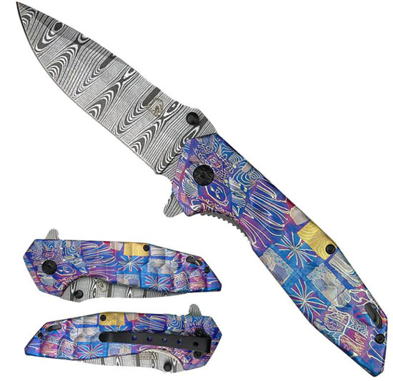 Falcon 8 1/2'' Damascus Spring Assisted Pocket Knife