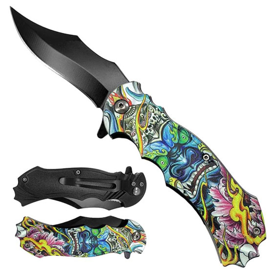 Blue Demon Handle Spring Assisted POCKET KNIFE