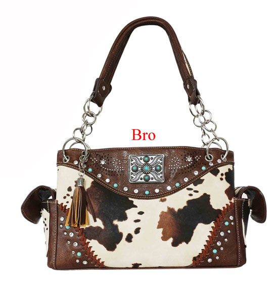 Wholesale Conchos Style Cow Print Handbag with Gun Pocket