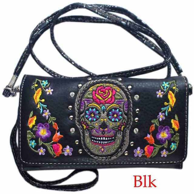 Wholesale Sugar Skull with FLOWERS Wallet Purse Black