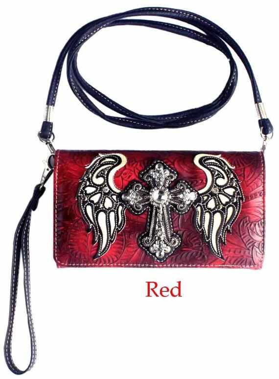 Wholesale Rhinestone Cross with ANGEL Wings Wallet Purse Red
