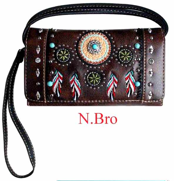 Wholesale Rhinestone Studded Feather Design Wallet Purse BROWN
