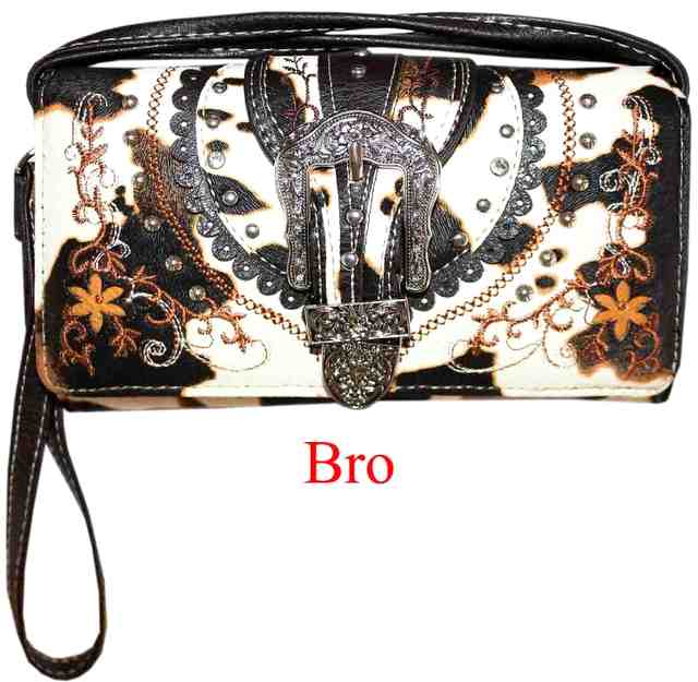 Wholesale Western Style Rhinestone BUCKLE Cow Print Wallet Purse